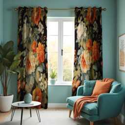 Farmhouse Floral Curtain, Orange & White Flowers Drape, Botanical Window Treatment, Custom Size Available, Made To Order Soft Curtain Panels - thumbnail 1