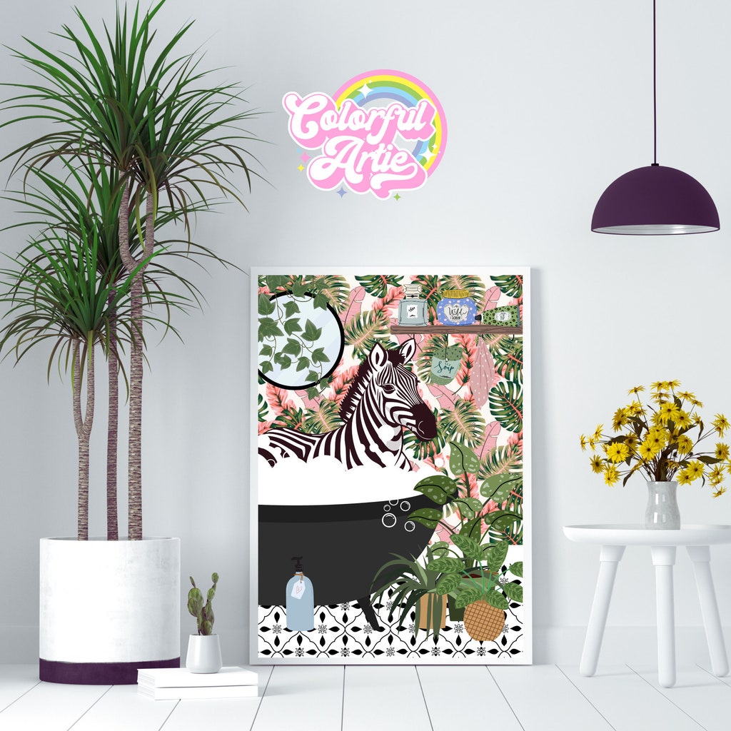 Zebra in Bathtub Pink Green Botanical Monstera Bathroom Print, Animal Bath  Wall Art, Tropical Decor by Etsy | uFurnish.com