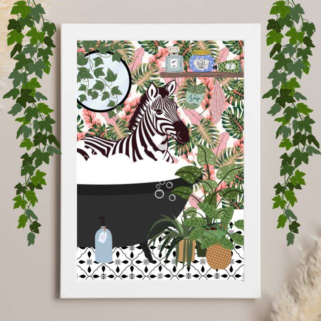 Zebra in Bathtub Pink Green Botanical Monstera Bathroom Print, Animal Bath Wall Art, Tropical Decor