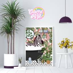 Zebra in Bathtub Pink Green Botanical Monstera Bathroom Print, Animal Bath Wall Art, Tropical Decor - thumbnail 3