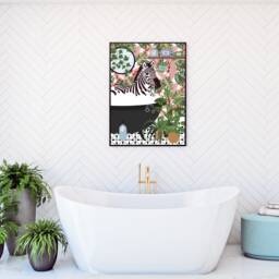 Zebra in Bathtub Pink Green Botanical Monstera Bathroom Print, Animal Bath Wall Art, Tropical Decor - thumbnail 2