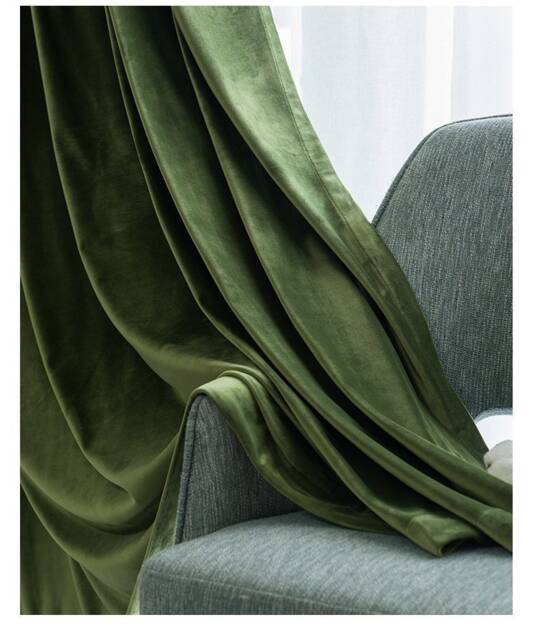 Pair Of Olive Green Velvet Curtains, Bedroom Living Room Silk Custom Curtains - image 1