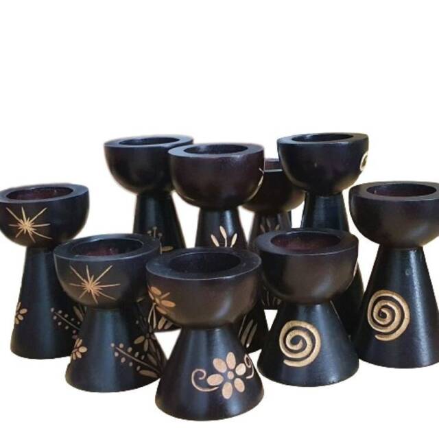 Set Of 3 Wooden Candle Holders With Flower Or Abstract Carving Design - image 1