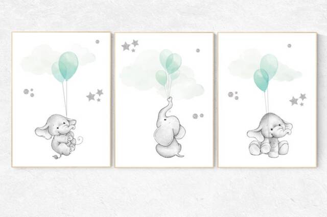 Elephant Nursery Print Mint Balloon Animal Wall Art - image 1
