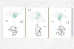 Elephant Nursery Print Mint Balloon Animal Wall Art - thumbnail 1