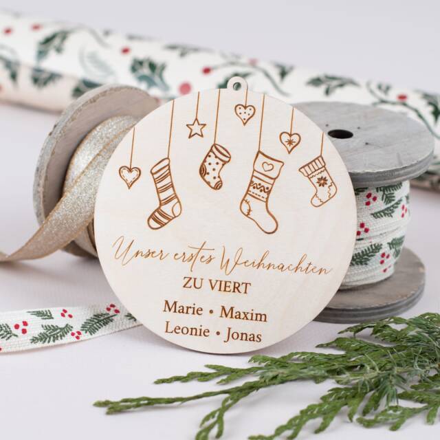Personalized Wooden Pendants, Our First Christmas As A Family, Tree Pendants With Names, Family Bauble Made Of Wood - image 1