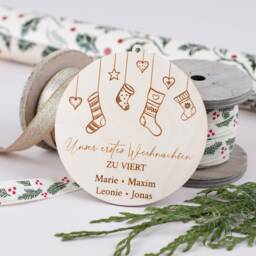 Personalized Wooden Pendants, Our First Christmas As A Family, Tree Pendants With Names, Family Bauble Made Of Wood - thumbnail 1