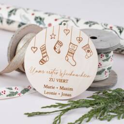 Personalized Wooden Pendants, Our First Christmas As A Family, Tree Pendants With Names, Family Bauble Made Of Wood - thumbnail 3