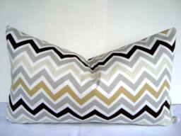 Modern Chevron Lumbar Pillow Cover, Gray Beige Black Stripes Zigzag, 12x20 - thumbnail 1