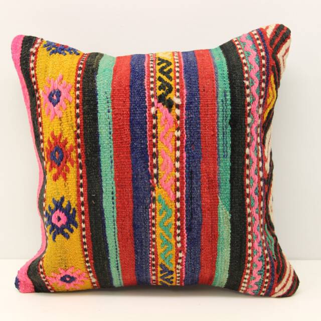 Boho Kilim Pillow Cover 16x16, Turkish Woven Home Decor - image 1
