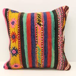 Boho Kilim Pillow Cover 16x16, Turkish Woven Home Decor - thumbnail 1
