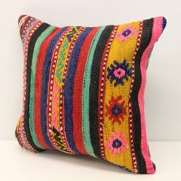 Boho Kilim Pillow Cover 16x16, Turkish Woven Home Decor - thumbnail 3