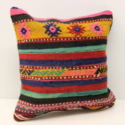 Boho Kilim Pillow Cover 16x16, Turkish Woven Home Decor - thumbnail 2