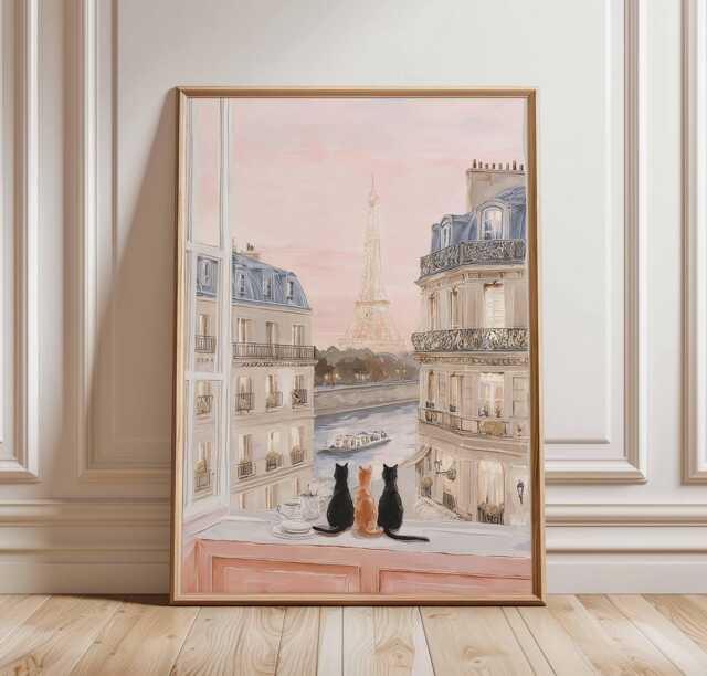 Paris Cats Wall Art Print, Eiffel Tower Balcony View Poster, Romantic French Window Scene, Parisian Decor For Cat Lovers - image 1