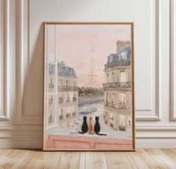 Paris Cats Wall Art Print, Eiffel Tower Balcony View Poster, Romantic French Window Scene, Parisian Decor For Cat Lovers - thumbnail 1
