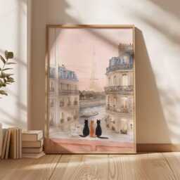 Paris Cats Wall Art Print, Eiffel Tower Balcony View Poster, Romantic French Window Scene, Parisian Decor For Cat Lovers - thumbnail 3