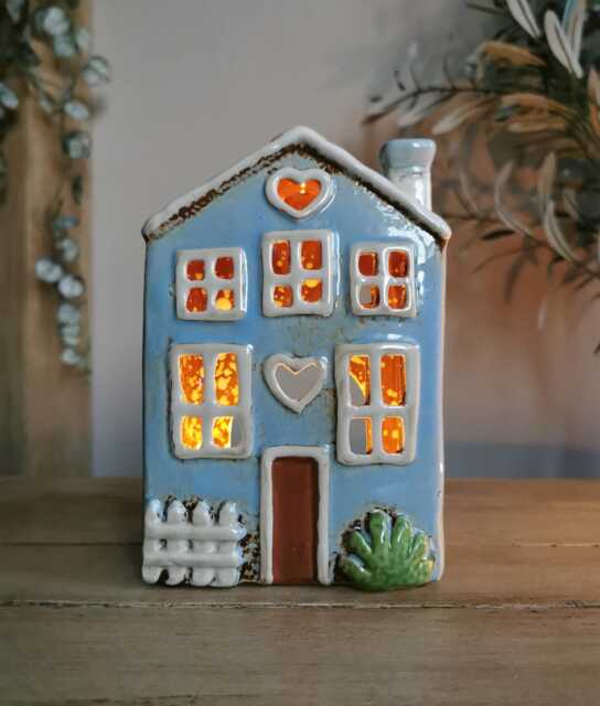 Imperfect Blue Ceramic House Tealight Holder, Garden - image 1