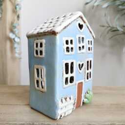 Imperfect Blue Ceramic House Tealight Holder, Garden - thumbnail 3