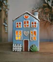 Imperfect Blue Ceramic House Tealight Holder, Garden