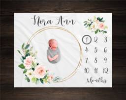 Pink Floral Milestone Blanket, Baby Month Girl Blanket Track Growth Keepsake Shower Gift - thumbnail 1