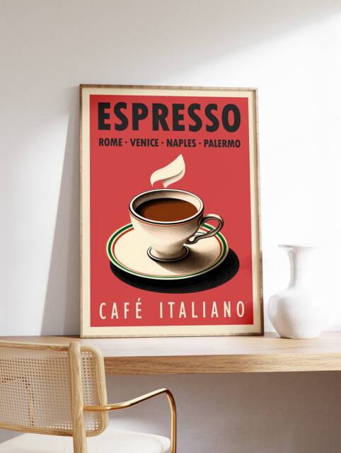 Espresso Coffee Print, Italian Art Poster, Kitchen Decor, Retro Vintage Food & Drink Wall - image 1