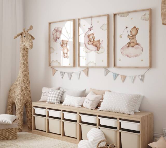 Teddy Bear Nursery Wall Art, Nursery Prints, Bear Decor, Beige Nursery, Stars Cloud Moon, Set Of 3 - image 1