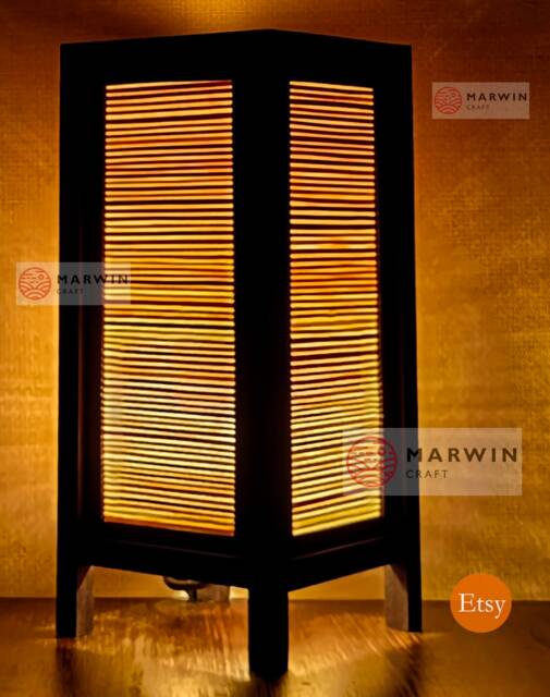 Asian Oriental Beige Bamboo Japanese Lamp Zen Bedside Floor Table Paper Light Shades Bedroom Home Decor Living Room - image 1