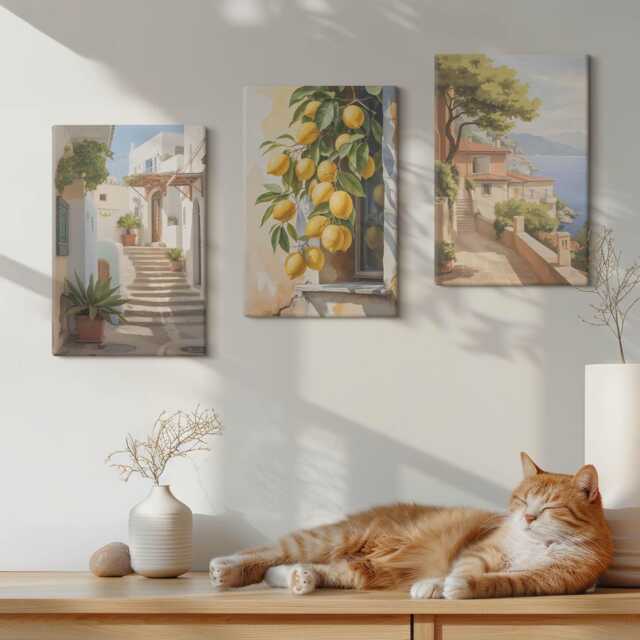 Canvas Art Set Of 3 - Charming Streets With Lemons & Sea Views, Yellow Wall Print, Landscapes Decor - image 1