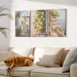 Canvas Art Set Of 3 - Charming Streets With Lemons & Sea Views, Yellow Wall Print, Landscapes Decor - thumbnail 2