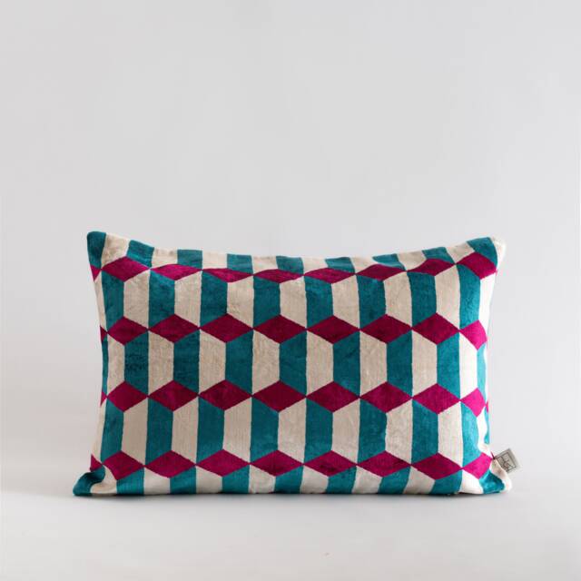 Silk Velvet Ikat Pillow Cover - Blue Fuchsia Covers - image 1