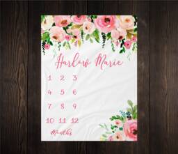 Girl Milestone Blanket Month Growth Tracker Minky Fleece Custom Personalized Baby Shower Gift Watercolor Floral Newborn - thumbnail 1