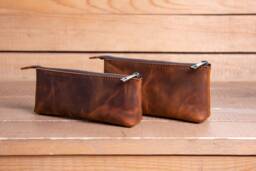 Rustic Top Grain Leather Pencil Case Zipper Pen Pouch - thumbnail 1