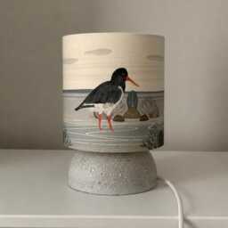 Handmade Pebble-Inspired Table Lamp With Oystercatcher Lampshade - Coastal Nature Rustic Shelf Lighting - thumbnail 1