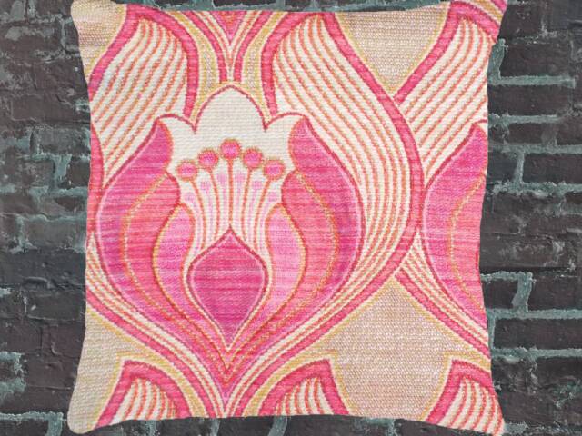 Retro Lounge Cushion 40 X cm - 50 Blush Pink Lotus, 60S 70S Vintage Fabric Floral Cover, Elegant Boho Cover Pink Cream - image 1
