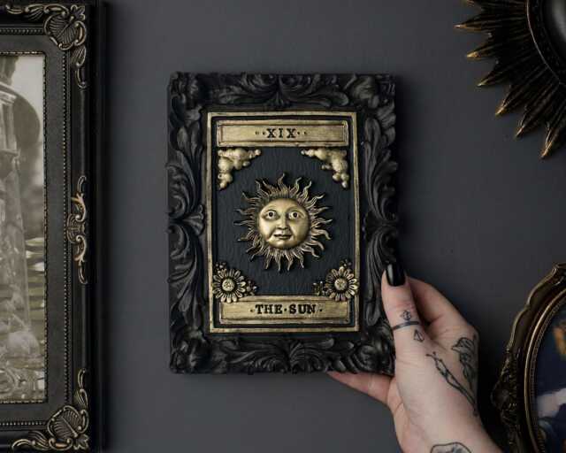 Handcrafted Sun Tarot Card Wall Art - Black Gold Gothic Home Decor - image 1