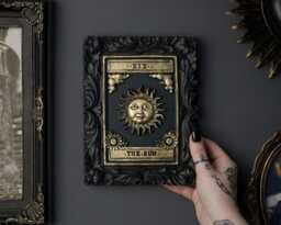 Handcrafted Sun Tarot Card Wall Art - Black Gold Gothic Home Decor - thumbnail 1