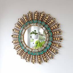 Peruvian Turquoise Eye Mirror 60 cm Handmade Wall Decor - Carved Wood Round Statement For Living Room Bathroom - thumbnail 2