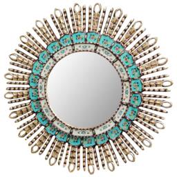 Peruvian Turquoise Eye Mirror 60 cm Handmade Wall Decor - Carved Wood Round Statement For Living Room Bathroom