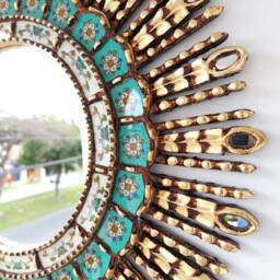 Peruvian Turquoise Eye Mirror 60 cm Handmade Wall Decor - Carved Wood Round Statement For Living Room Bathroom - thumbnail 3