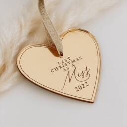 Last Christmas As A Miss Decoration, Elegant Heart Ornament, Rose Gold, Silver Tree Decoration, Secret Santa Gift Idea