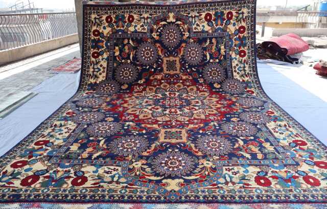 8x12 Ft Geometric Floral Area Rug, Navy Blue Beige Afghan Hand Knotted Wool Medallion Rug For Living Room, Oriental Home Decor - image 1