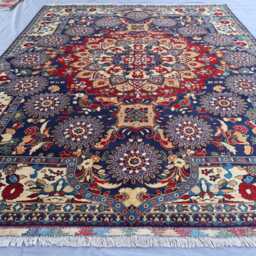 8x12 Ft Geometric Floral Area Rug, Navy Blue Beige Afghan Hand Knotted Wool Medallion Rug For Living Room, Oriental Home Decor - thumbnail 3