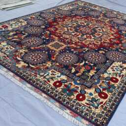 8x12 Ft Geometric Floral Area Rug, Navy Blue Beige Afghan Hand Knotted Wool Medallion Rug For Living Room, Oriental Home Decor - thumbnail 2