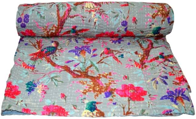 Indian Bird Print Twin Cotton Kantha Quilt Bedspread Throw Gudari - image 1