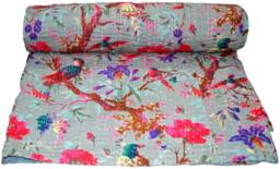 Indian Bird Print Twin Cotton Kantha Quilt Bedspread Throw Gudari - thumbnail 1