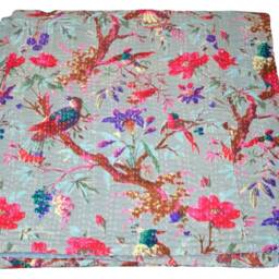 Indian Bird Print Twin Cotton Kantha Quilt Bedspread Throw Gudari - thumbnail 2