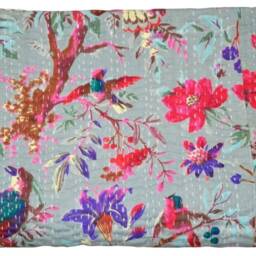 Indian Bird Print Twin Cotton Kantha Quilt Bedspread Throw Gudari - thumbnail 3