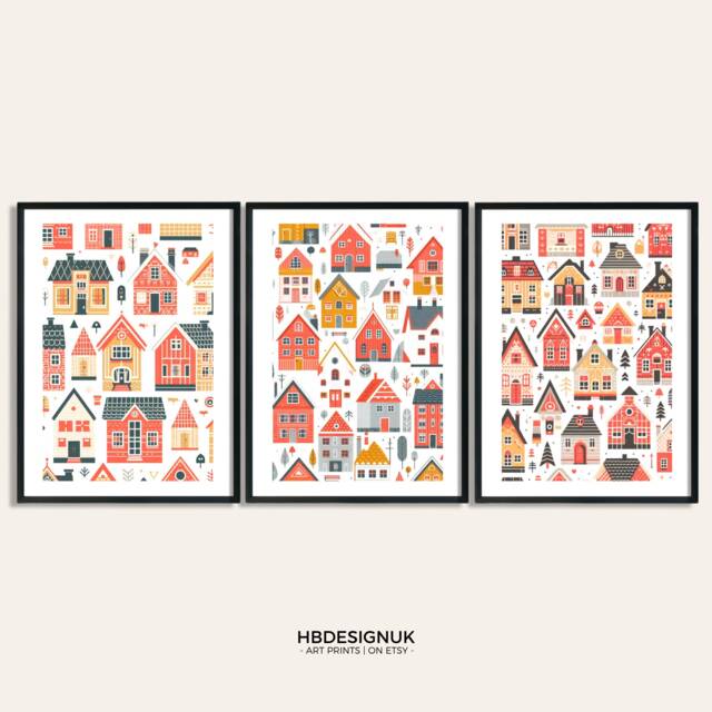 Scandinavian Houses Wall Art Set - 3 Scandi Style Prints - Poster Scandanavian Design Orange House Artwork Nordic Home Decor - image 1