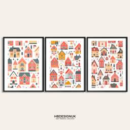Scandinavian Houses Wall Art Set - 3 Scandi Style Prints - Poster Scandanavian Design Orange House Artwork Nordic Home Decor - thumbnail 1