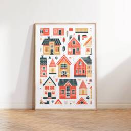 Scandinavian Houses Wall Art Set - 3 Scandi Style Prints - Poster Scandanavian Design Orange House Artwork Nordic Home Decor - thumbnail 2